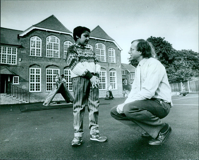 Headteacher Tony Eaude in the playground of St Mary and St John School in Oxford. - Vintage Photograph