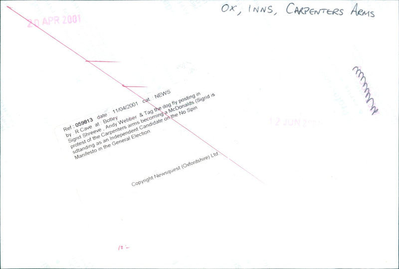 Sigrid Shreeve, Andy Webber and Tag the dog protest the Carpenters Arms becoming a McDonalds. - Vintage Photograph