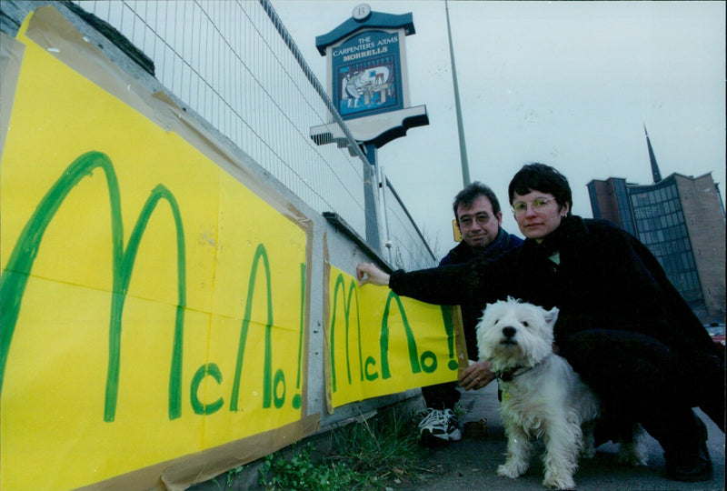 Sigrid Shreeve, Andy Webber and Tag the dog protest the Carpenters Arms becoming a McDonalds. - Vintage Photograph