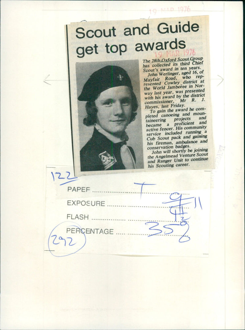 John Werlinger, 16, is presented with his Chief Scout's award by district commissioner J.R. Mr Hayes. - Vintage Photograph