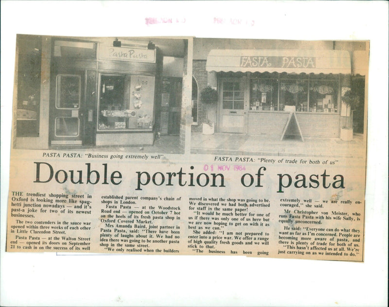 Two pasta shops, Pasta Pusta Pasta Pasta and Fasta Pasta, opened within three weeks of each other in Little Clarendon Street in Oxford, UK. - Vintage Photograph