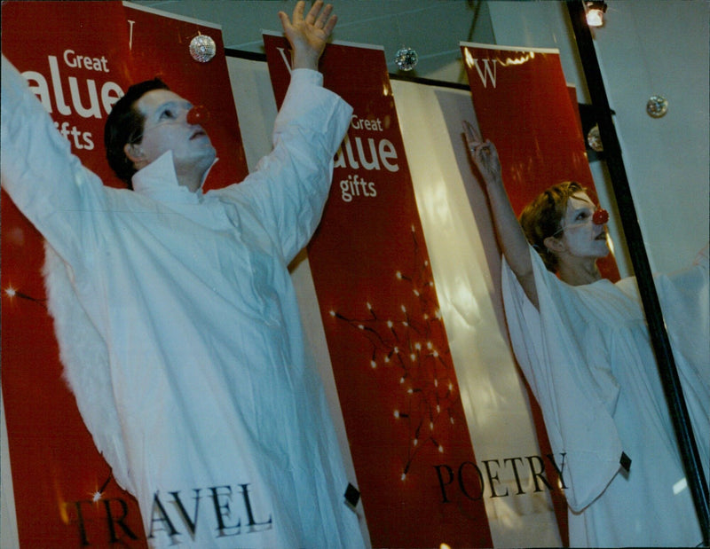 Emma Webb and Chris Michael dressed as Christmas angels in Oxford. - Vintage Photograph