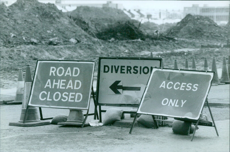 A road sign warns of a diversion ahead as the Garsington Road is closed. - Vintage Photograph