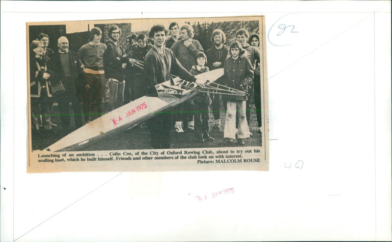 Colin Cox of the City of Oxford Rowing Club launches his self-built sculling boat. - Vintage Photograph