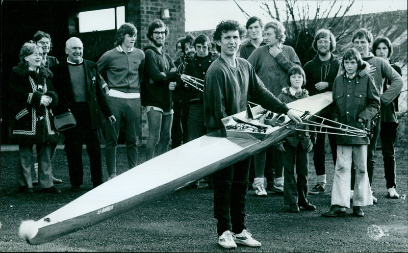 Colin Cox of the City of Oxford Rowing Club launches his self-built sculling boat. - Vintage Photograph