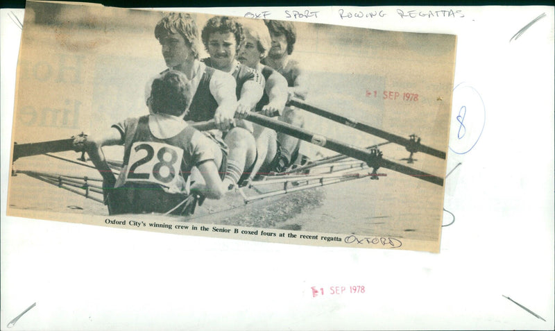 Oxford City's rowing crew celebrates their win at the Senior B coxed fours regatta. - Vintage Photograph