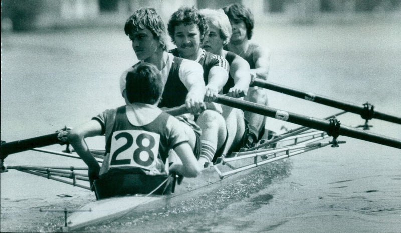 Oxford City's rowing crew celebrates their win at the Senior B coxed fours regatta. - Vintage Photograph