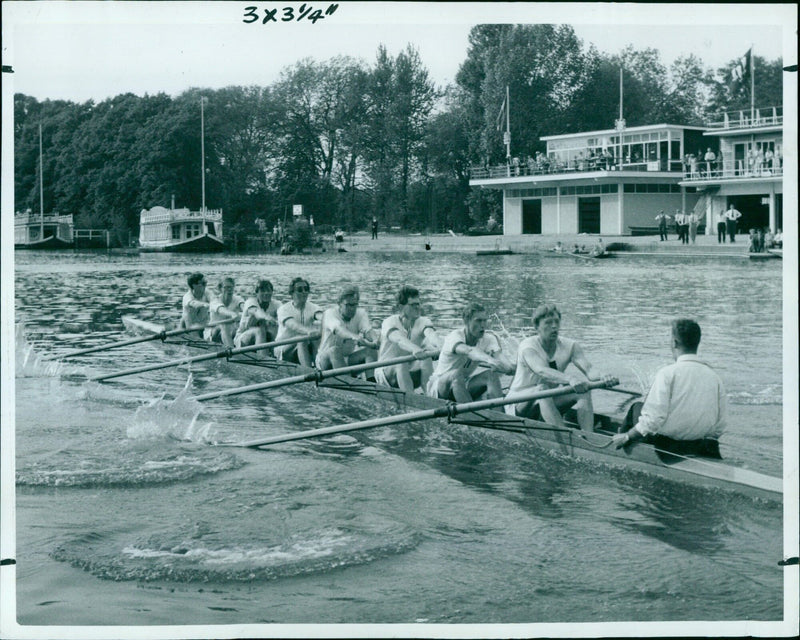 Keble College winning the senior eights race at the Oxford Royal Regatta. - Vintage Photograph