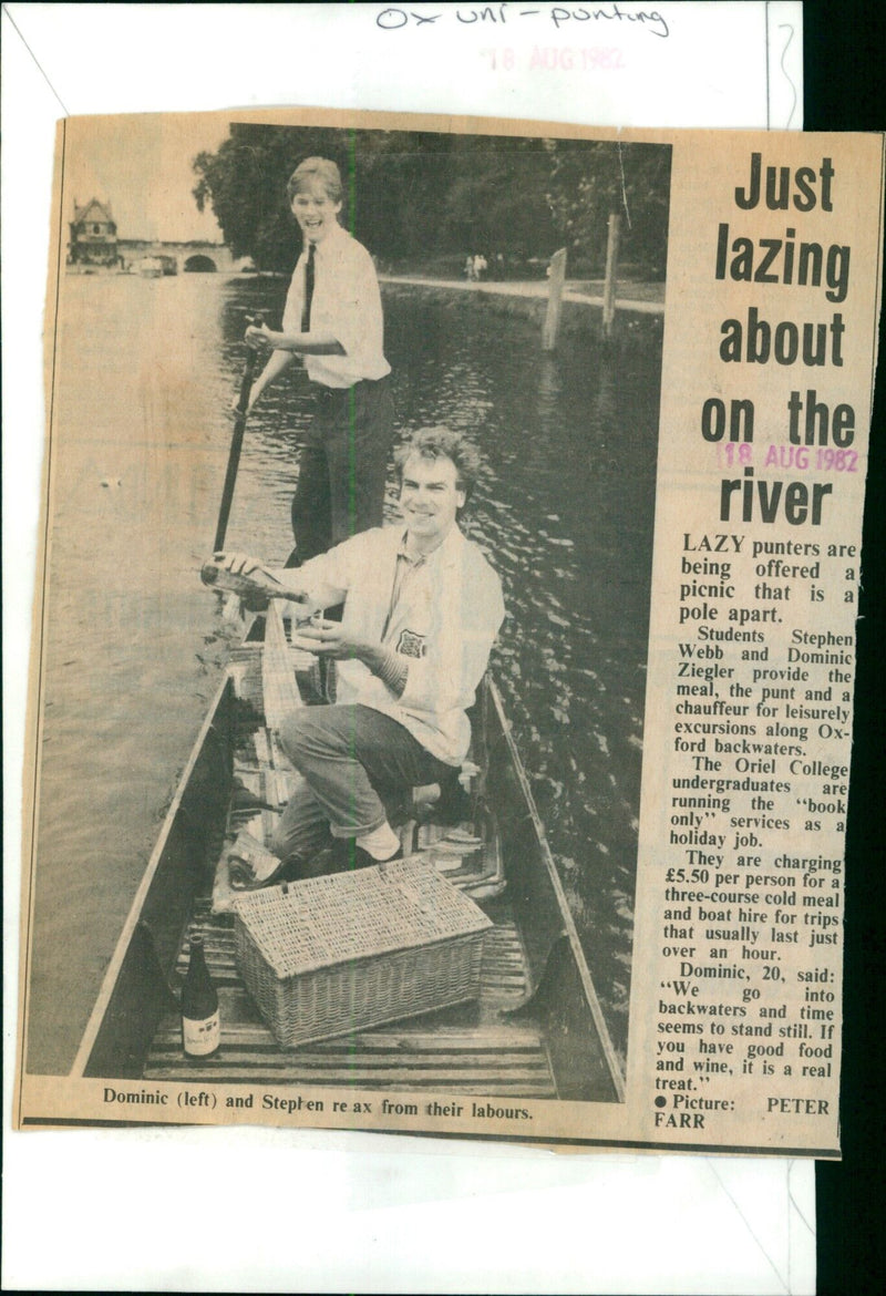 Students Stephen and Dominic offer a picnic and punt service for leisurely excursions on Oxford backwaters. - Vintage Photograph