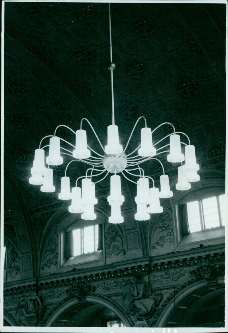 A nighttime view of Oxford Town Hall illuminated by lights. - Vintage Photograph