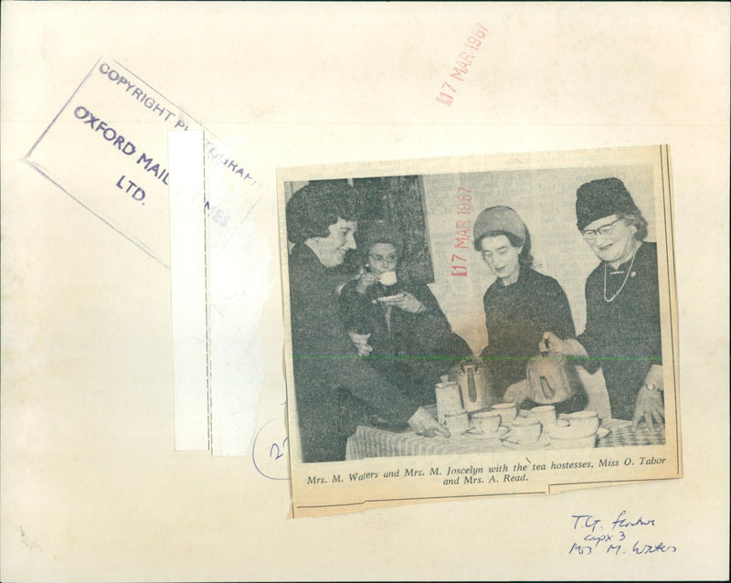 Mrs. M. Waters and Mrs. M. Joscelyn with the tea hostesses, Miss O. Tabor and Mrs. A. Read. - Vintage Photograph