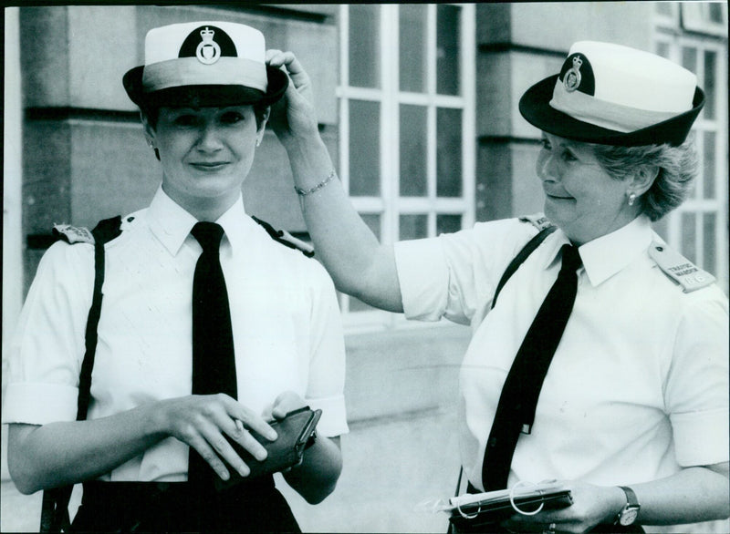 Marie Davey and daughter Caroline serve as traffic wardens. - Vintage Photograph