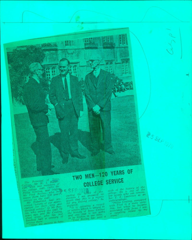 Jesus College Principal H. J. Habakkuk honors two staff members for their 120 years of combined service. - Vintage Photograph