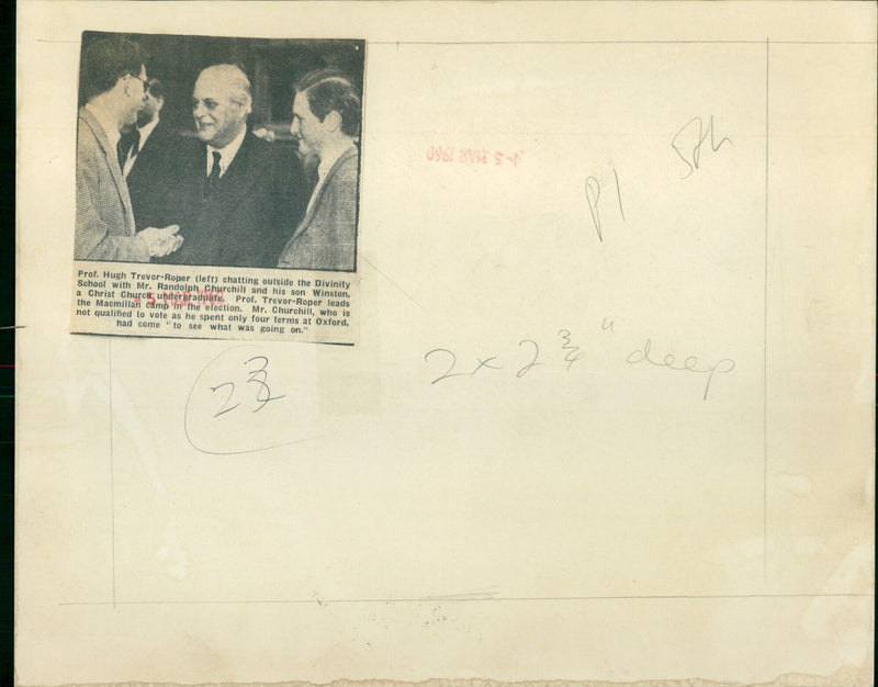 Professor Hugh Trevor-Roper (left) conversing with Randolph Churchill and his son Winston outside the Divinity School at Christ Church. - Vintage Photograph