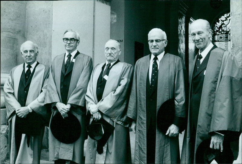 Five Rhodes Scholars pose for a photograph after receiving honorary degrees. - Vintage Photograph