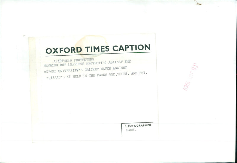 Anti-apartheid protesters handing out leaflets outside an Oxford University cricket match. - Vintage Photograph