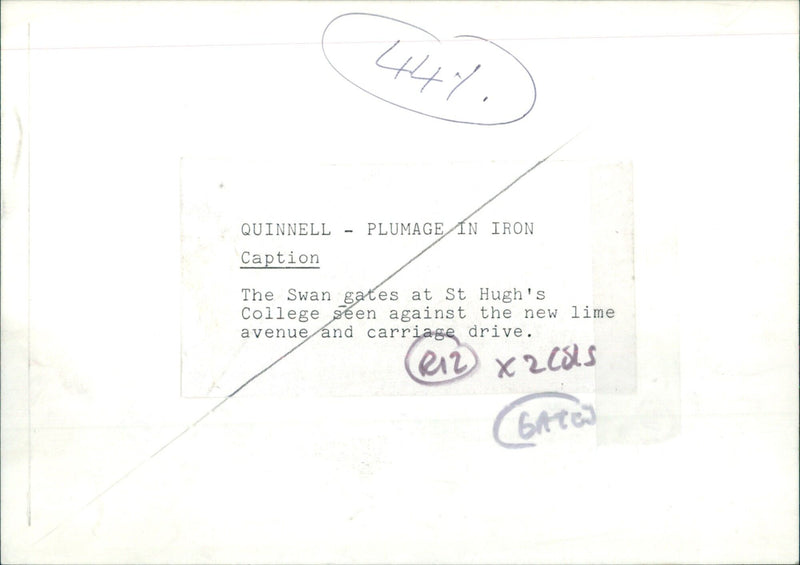 The Swan Gates of St Hugh's College are seen against a newly planted lime avenue and carriage drive. - Vintage Photograph