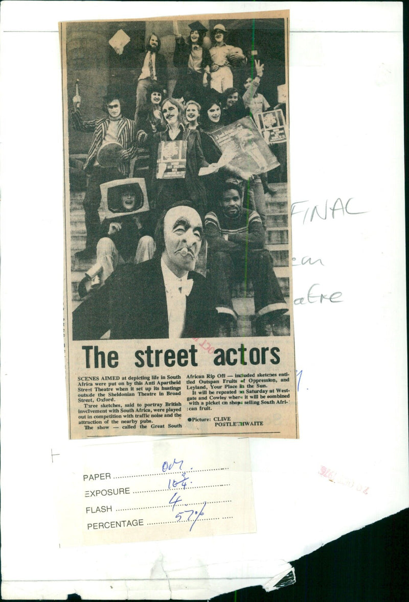 A South African policeman executes a sketch from the Anti Apartheid Street Theatre in Oxford, England. - Vintage Photograph