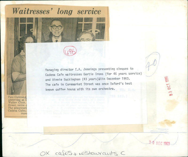 Cafeteria waitresses Gertie Irons and Winnie Buckingham celebrating their long service at the Cadena Café in Oxford. - Vintage Photograph