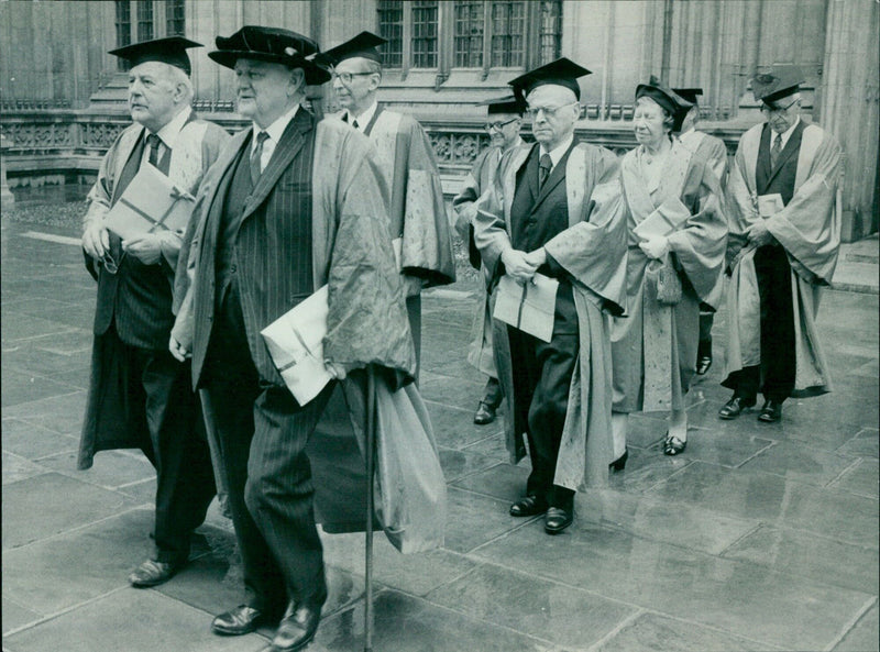 Sir John Betjeman and Lord Hailsham lead honorands in the Encaenia procession at the Sheldonian. - Vintage Photograph