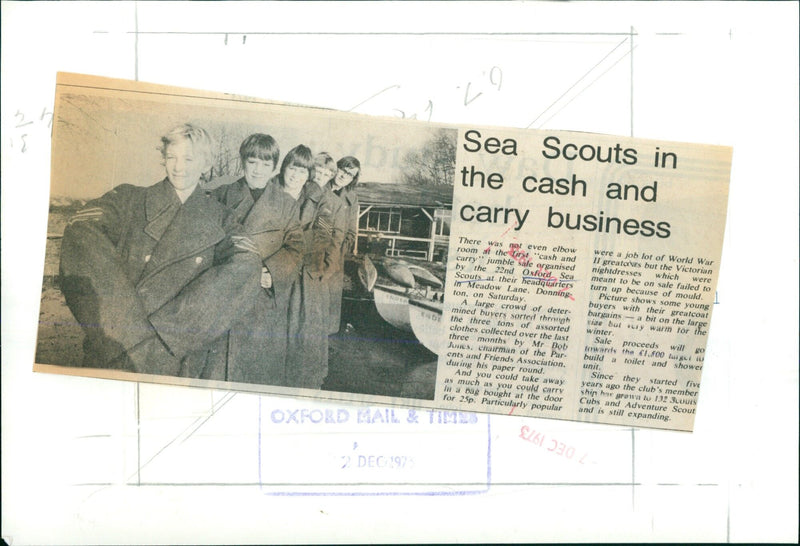 Oxford Sea Scouts host their first "cash and carry" jumble sale at their headquarters in Meadow Lane, Donnington. - Vintage Photograph