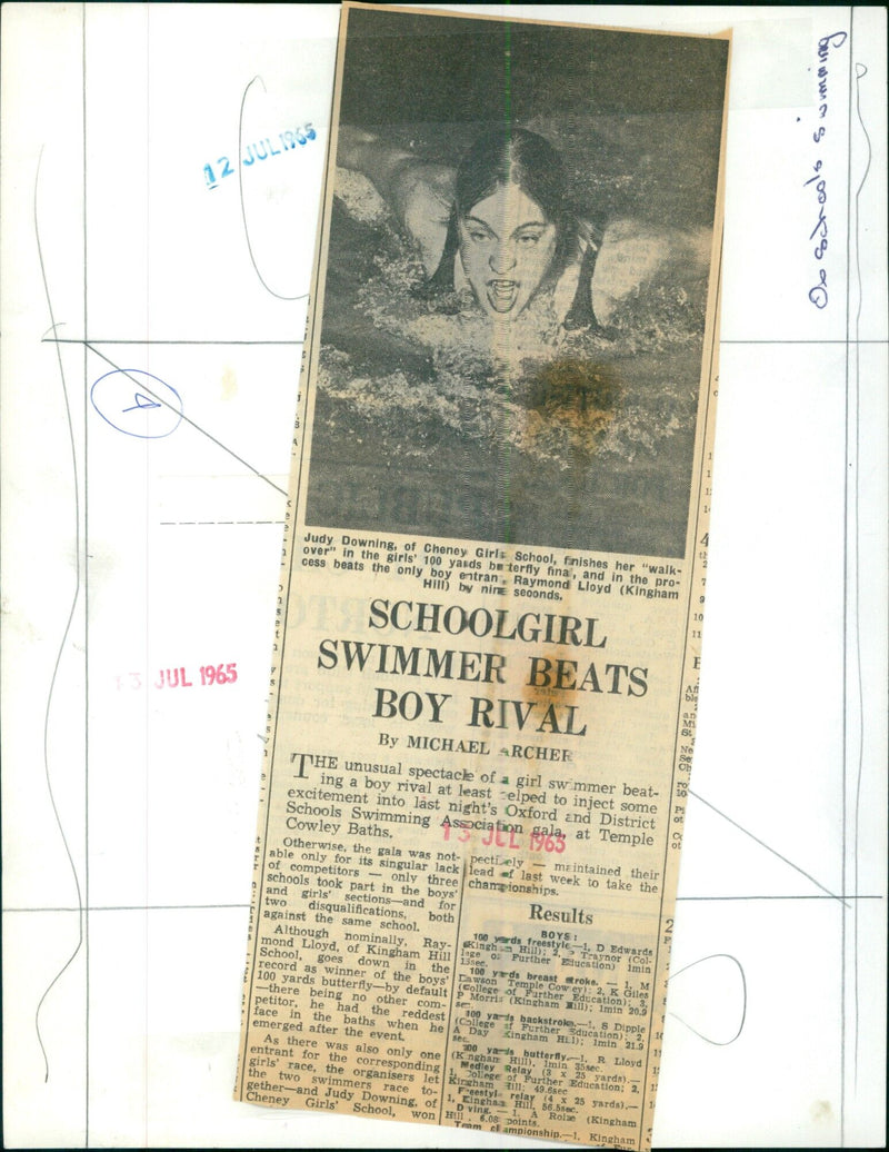 Judy Downing of Cheney Girls School beats Raymond Lloyd of Kingham Hill School in the 100 yard butterfly swim. - Vintage Photograph