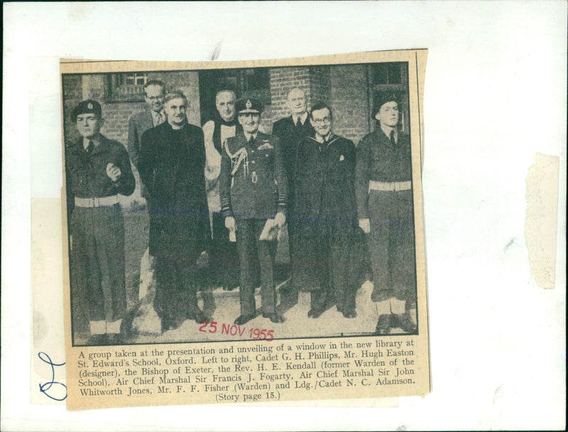 Air Chief Marshals Sir Francis J. Fogarty and Sir John Whitworth Jones attend the unveiling of a window in the new library at St. Edward's School in Oxford. - Vintage Photograph