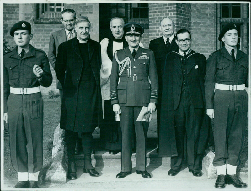 Air Chief Marshals Sir Francis J. Fogarty and Sir John Whitworth Jones attend the unveiling of a window in the new library at St. Edward's School in Oxford. - Vintage Photograph