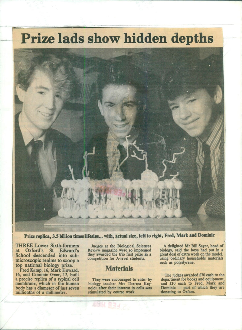 Three Lower Sixth-formers at Oxford's St Edward's School won a national biology prize after building a replica of a cell membrane. - Vintage Photograph