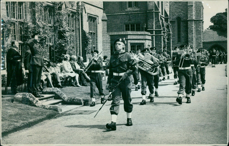 Brigadier P.J.O. Minague takes the salute at the St. Edward's School Cadet Force march past. - Vintage Photograph