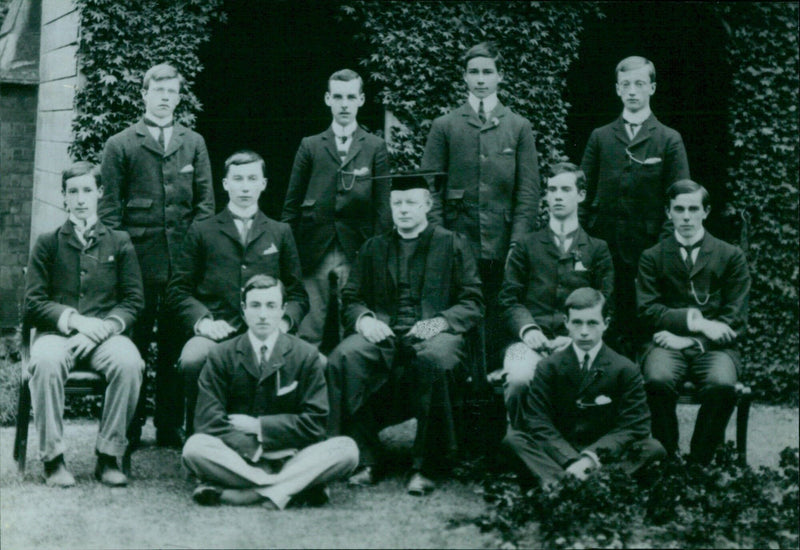 Eight prefects from St. Edward's School in Oxford pose for a photograph in May of 1988. - Vintage Photograph