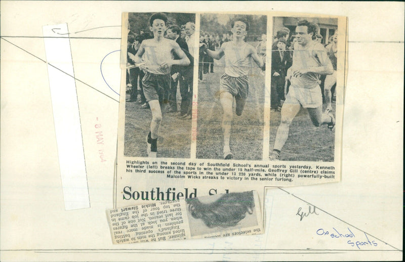 Southfield School students Kenneth Wheeler, Geoffrey Gill and Malcolm Wicks win their respective races on the second day of the school's annual sports. - Vintage Photograph