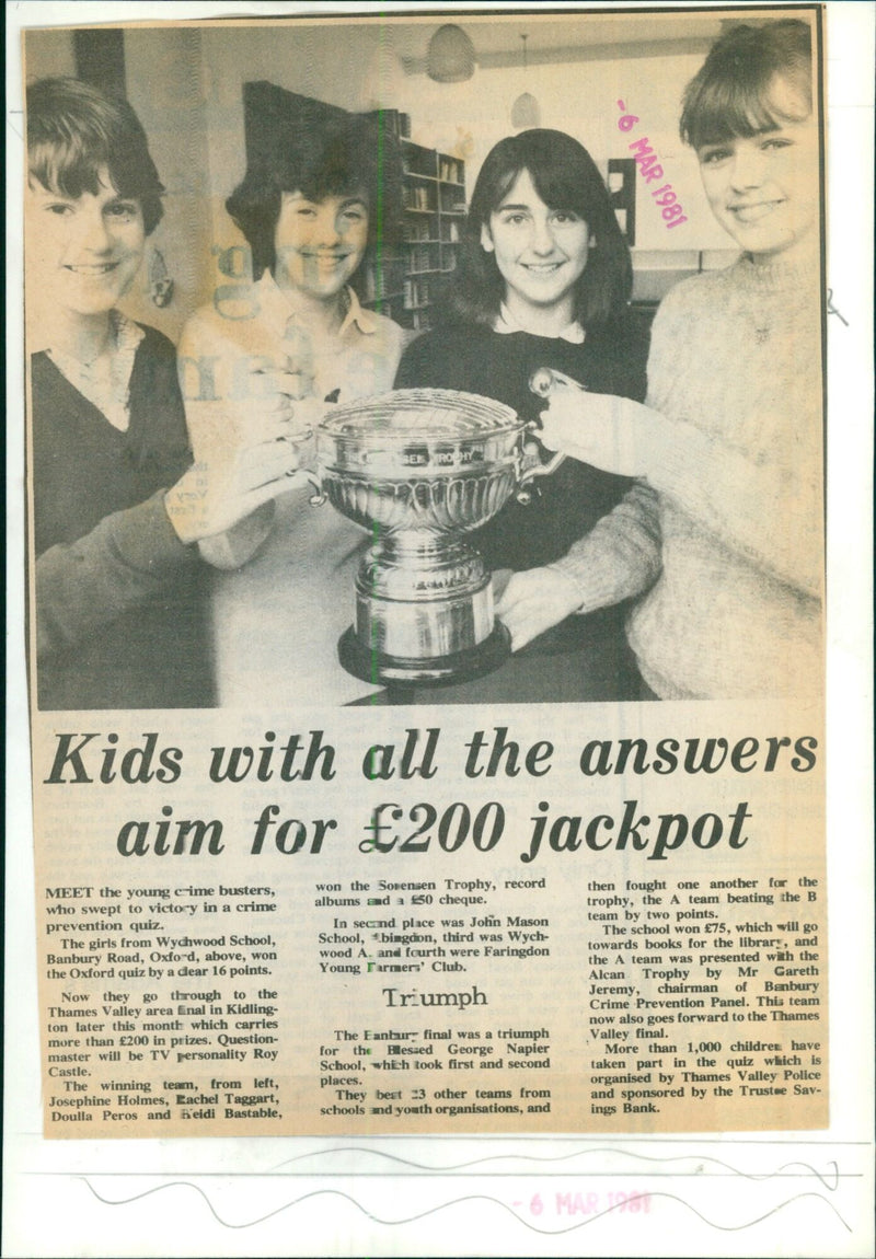 Wychwood School's winning team celebrates their victory in the Oxford quiz competition. - Vintage Photograph