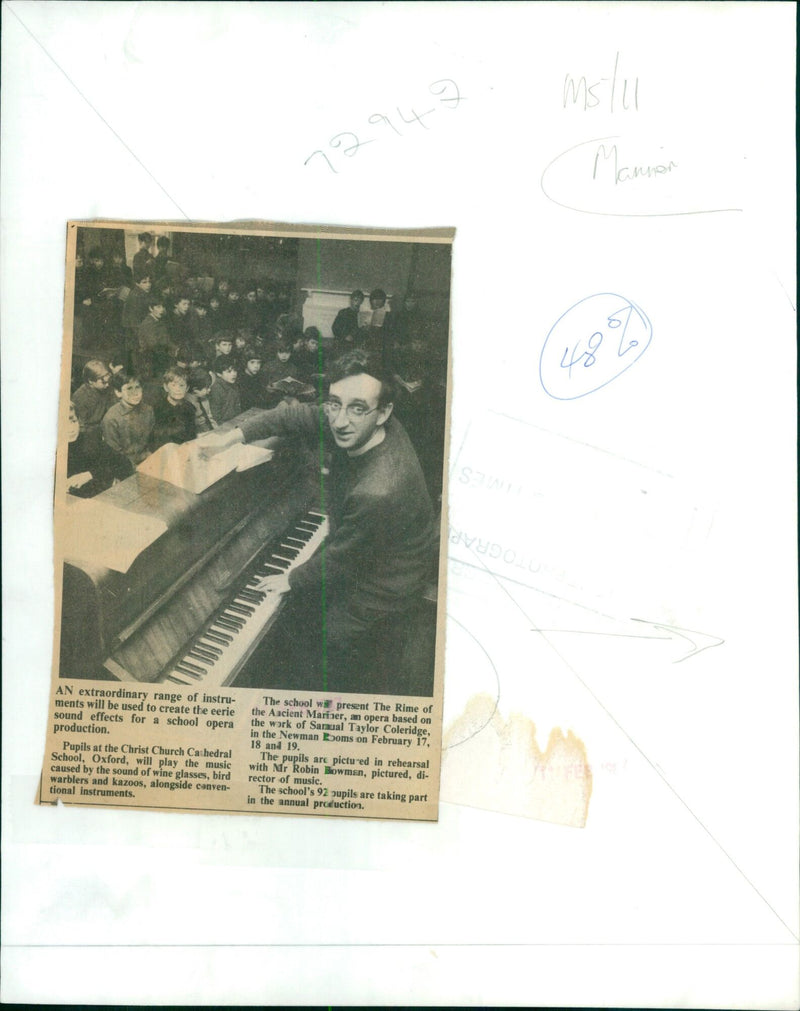 Pupils at the Christ Church Cathedral School, Oxford, rehearse for their upcoming opera production. - Vintage Photograph