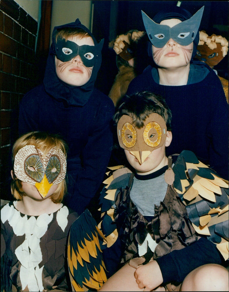 Two cats and two owls are part of a Noah's Ark re-enactment at West Oxford School. - Vintage Photograph