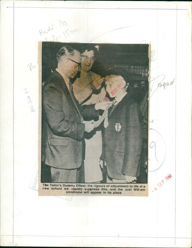 A tailor's dummy being used to demonstrate the effect of adjusting to life at a new school. - Vintage Photograph