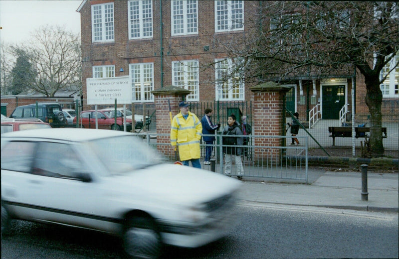 Traffic passing by West Oxford Primary School. - Vintage Photograph