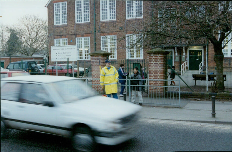 Students entering the front entrance of West Oxford CP School on the first day of the school year. - Vintage Photograph