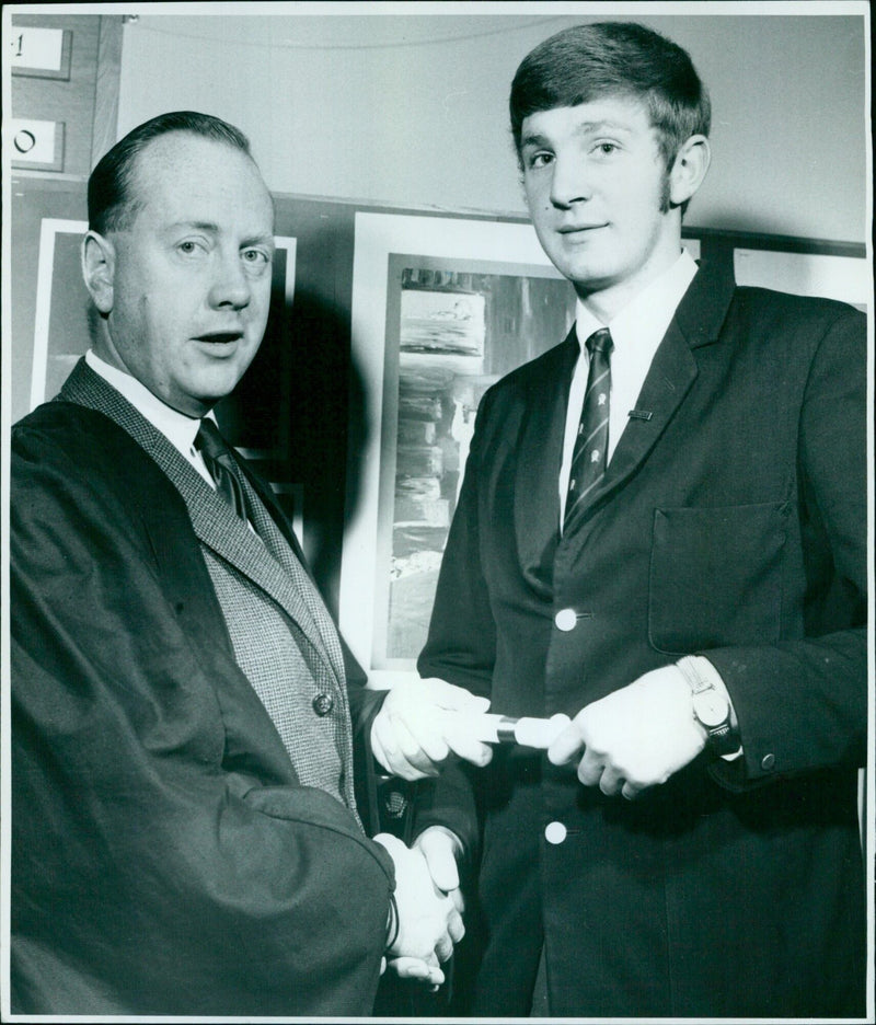 The Headmaster of Headington School, Mr. G.E. Boden, congratulates the Head Boy Barry Eadle on receiving the Senior Award. - Vintage Photograph