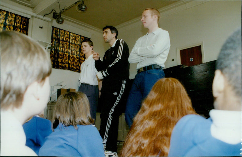 Oxford United players Paul Powell and Simon Weatherstone visit Headington Middle School during Book Week. - Vintage Photograph