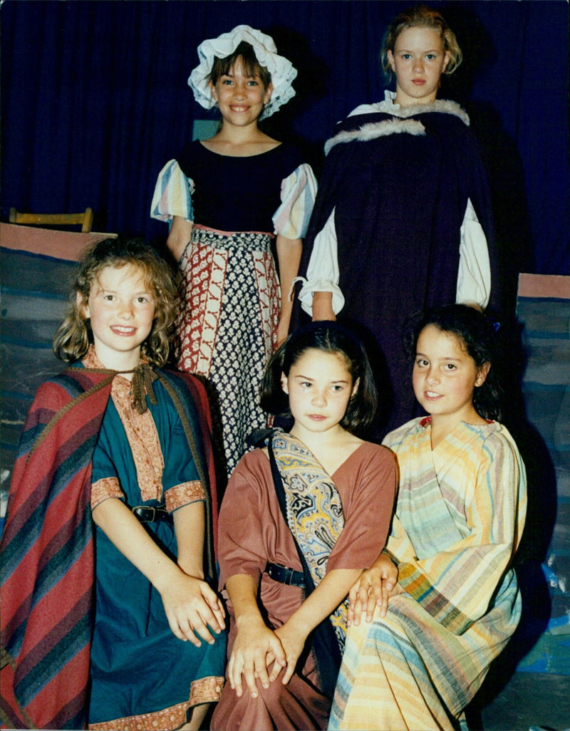 Noah, Miranda Parkes, and their sons Molly Flatt, Nuala Ess and Caroline Cassidy during rehearsals at Heallington Girls Junior School. - Vintage Photograph