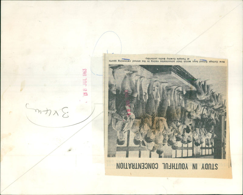 New College School boys watch their schoolmates racing in the annual swimming sports. - Vintage Photograph