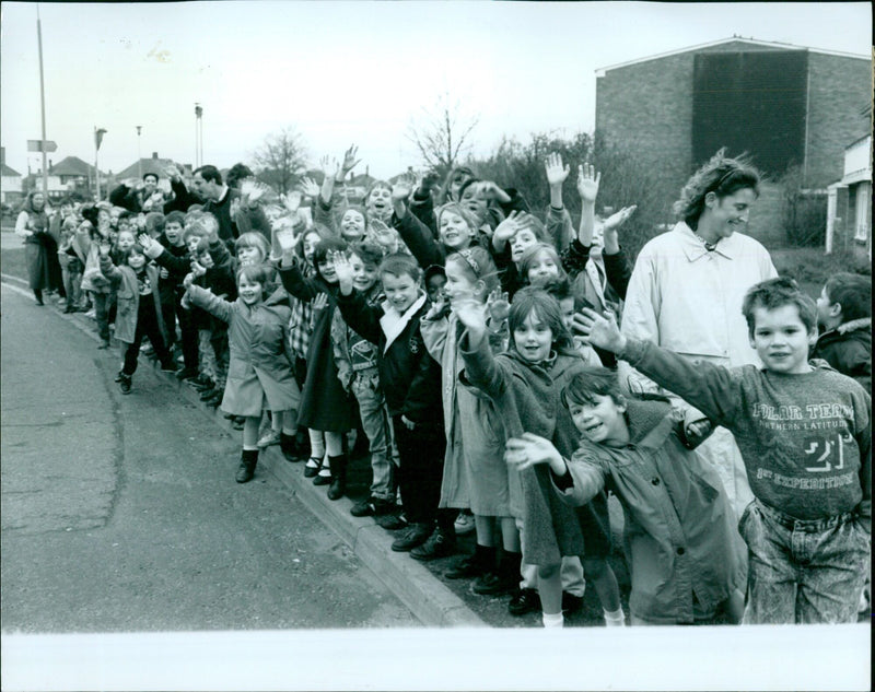 Queen Elizabeth II is welcomed by excited pupils at Bernwood School. - Vintage Photograph