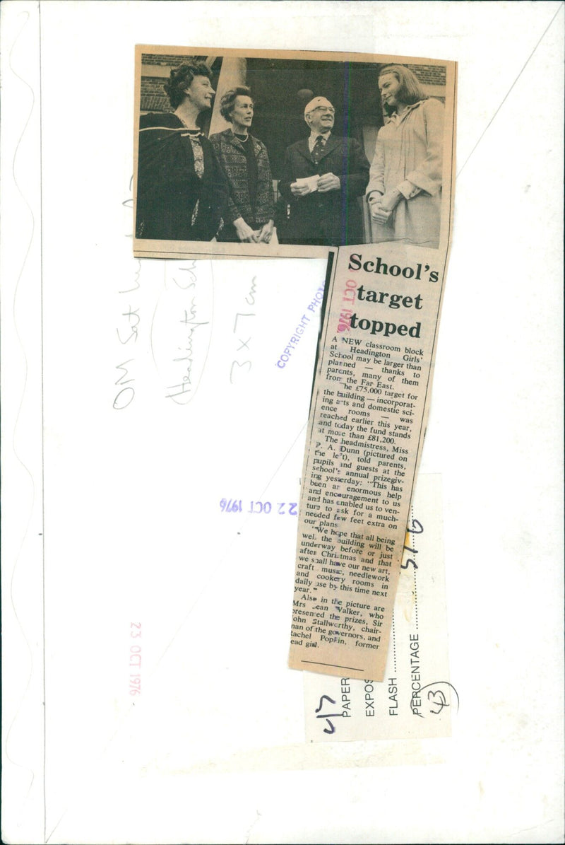 Headmistress Miss P.A. Dunn (left) and other guests at Headington School celebrate the £81,200 raised to finance the construction of a new classroom block. - Vintage Photograph