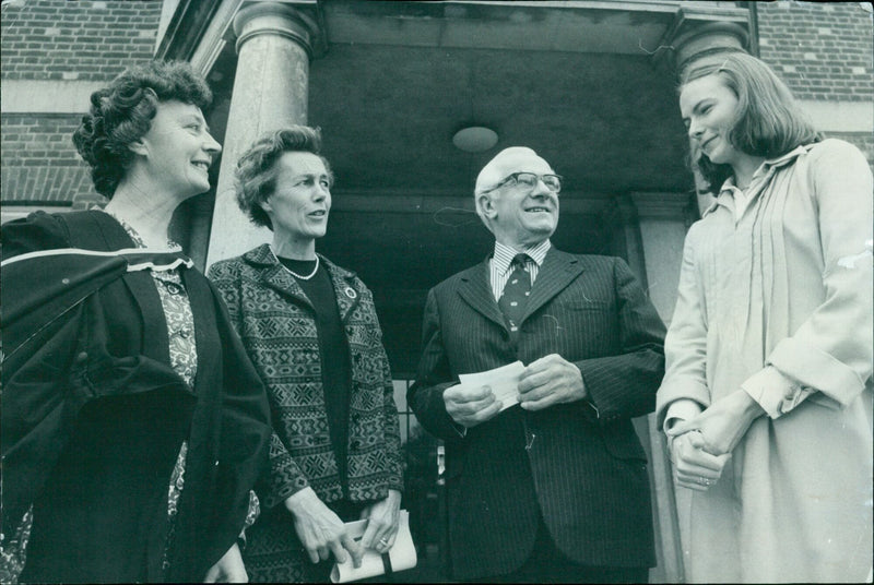 Headmistress Miss P.A. Dunn (left) and other guests at Headington School celebrate the £81,200 raised to finance the construction of a new classroom block. - Vintage Photograph