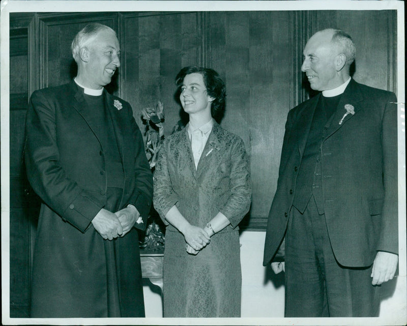 The Very Rev. the Dean of Edinburgh, Miss P. A. Dunn, and Mr. Thornton Duesbury conversing before the Headington School Foundation Day events. - Vintage Photograph