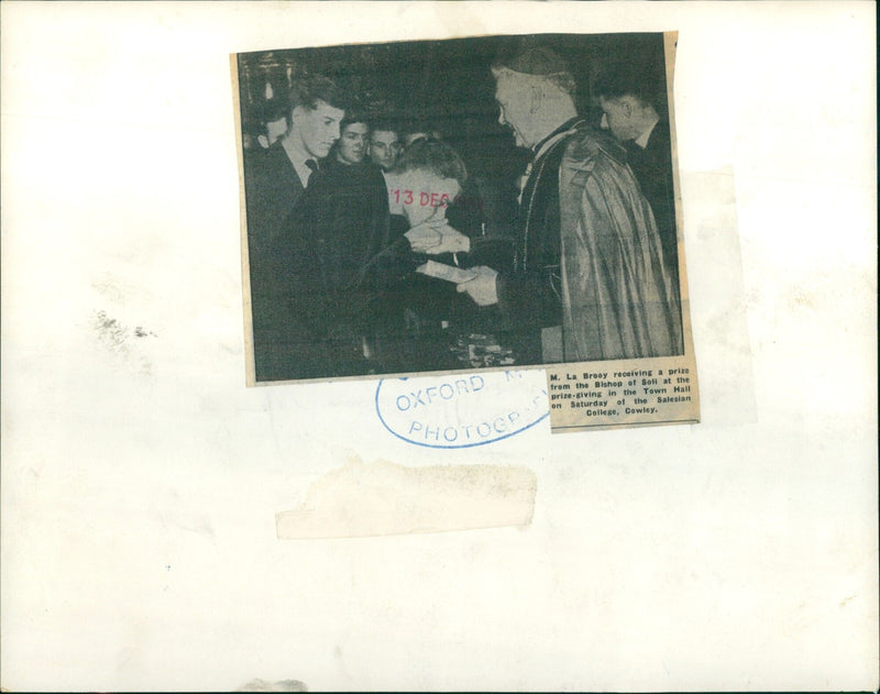 M. La Brooy receiving a prize at the Salesian College, Cowley. - Vintage Photograph