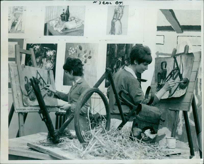 Two students work on a project in their school's studio. - Vintage Photograph