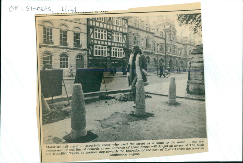 Oxford cityscape with bollards at Catte Street entrance. - Vintage Photograph