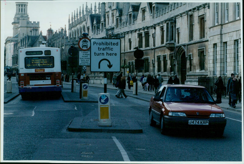 Oxford cityscape with bollards at Catte Street entrance. - Vintage Photograph